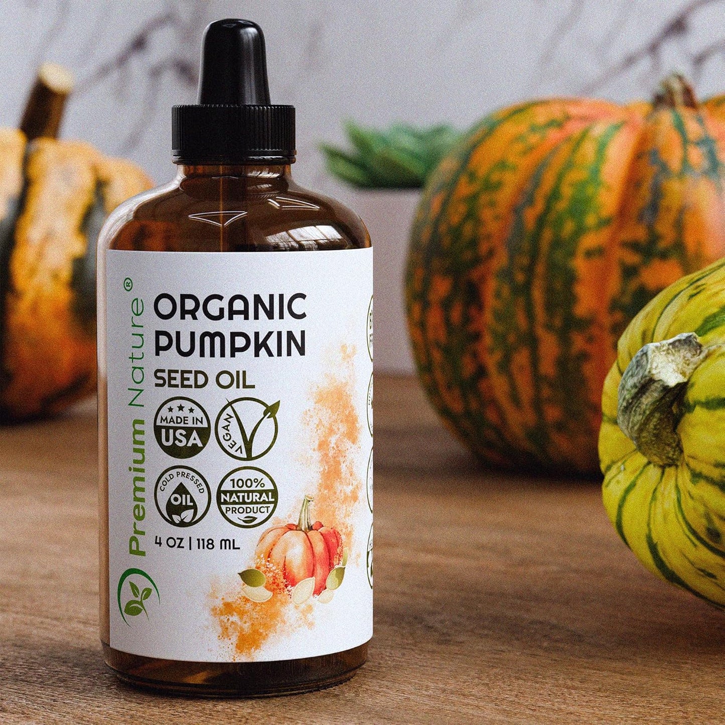 Organic Pumpkin Seed Oil Cold-Pressed Unrefined from Premium Nature, 100% Pumpkin Seed Oil for Hair Growth Pure Pumpkin Oil for Skin and Face Hair Oil Aceite de semilla de calabaza para el cabello 4oz