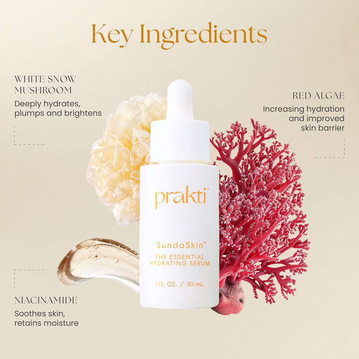 Prakti SundaSkin Essential Hydrating Serum, Firms, Smooths & Evens Skin Tone with Niacinamide & Hyaluronic Acid, 1 fl oz