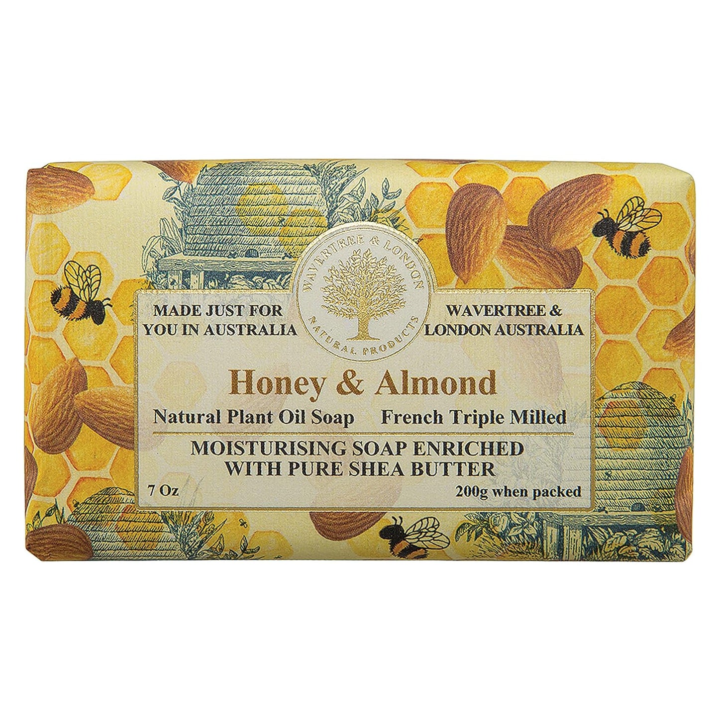 Wavertree & London Honey & Almond Scented Natural Soap Bar, 7oz Moisturizing French Triple Milled Soap Bar for Women & Men enriched with shea butter - Pure Bath & Body soap bar for All Skin Types