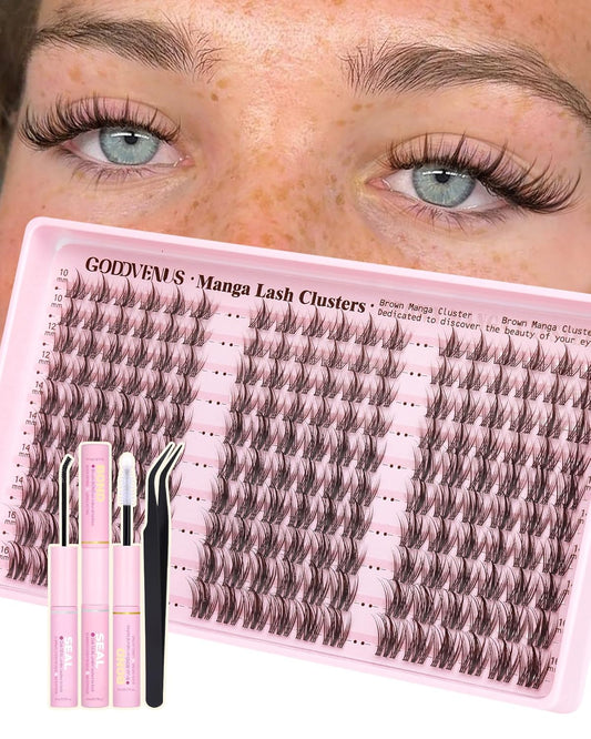 Brown Manga Lash Clusters Kit Natural Cluster Eyelash Extensions Kit CD Curl Wispy Fairy Eyelashes Clusters Anime Individual Lashes 180pcs