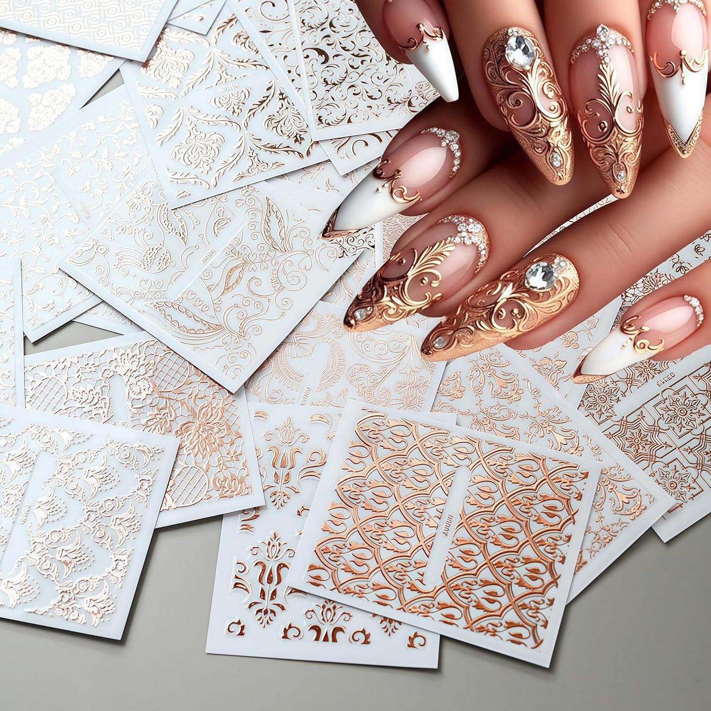 30 Sheets Lace Flower Nail Art Sticker 3D Self-Adhesive Hollow Rose Golden Lace Floral Vine Decals Irregular Geometric Manicure Sliders for Spring Summer Women Acrylic Nail Decorations