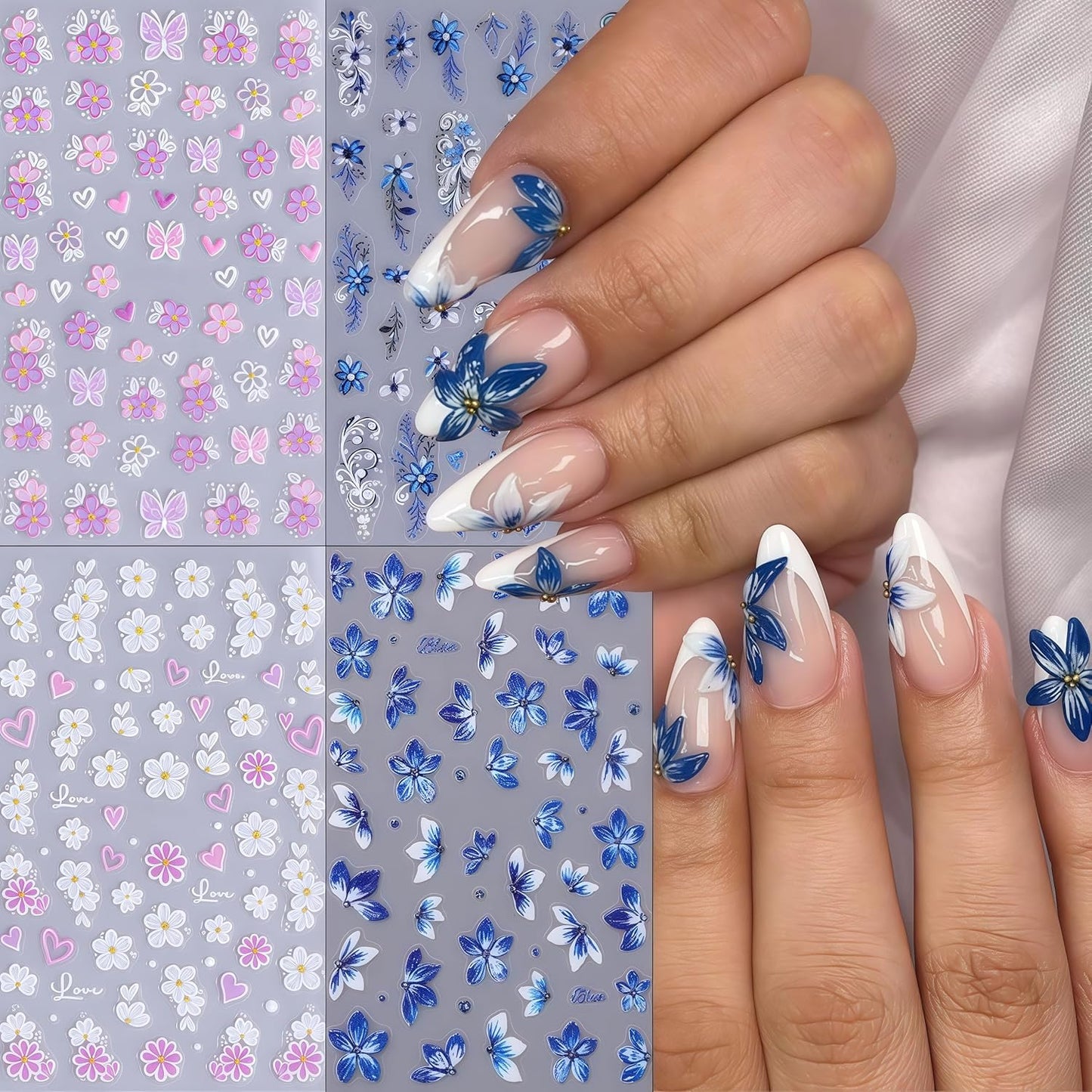 4 Sheets Blue Flower Nail Art Stickers Colored Flower Love Butterfly Nail Stickers 5D Embossed Floral Nail Decals Lily of The Valley Petal Vine Nail Art Supplies for Women Girl DIY Nail Decorations