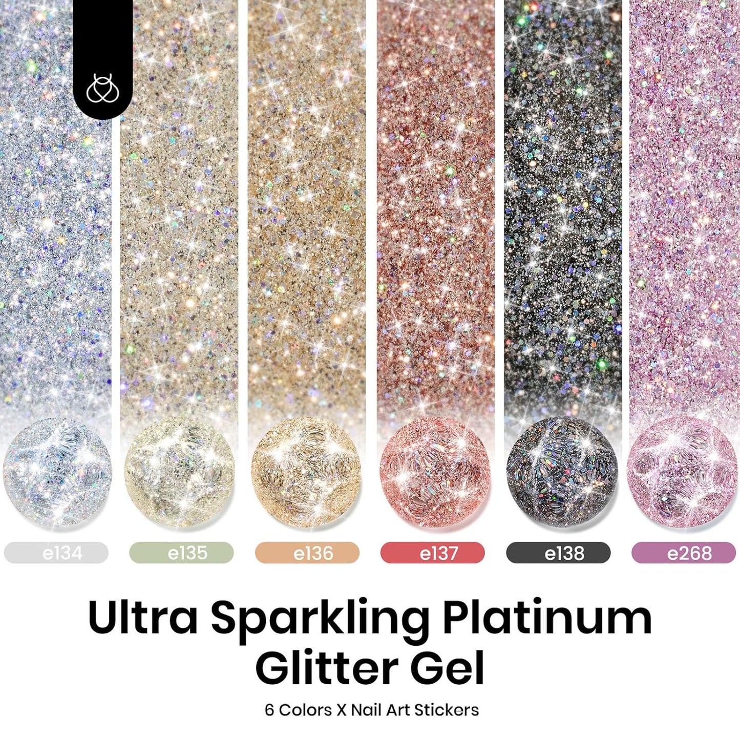 beetles Glitter Gel Polish - Diamond Shine 6 Colors Reflective Sparkle Gel Set, Silver Black Pink Gold Holographic Glitter Polish, with Nail Art Stickers Soak off Uv LED Manicure Gifts for Women