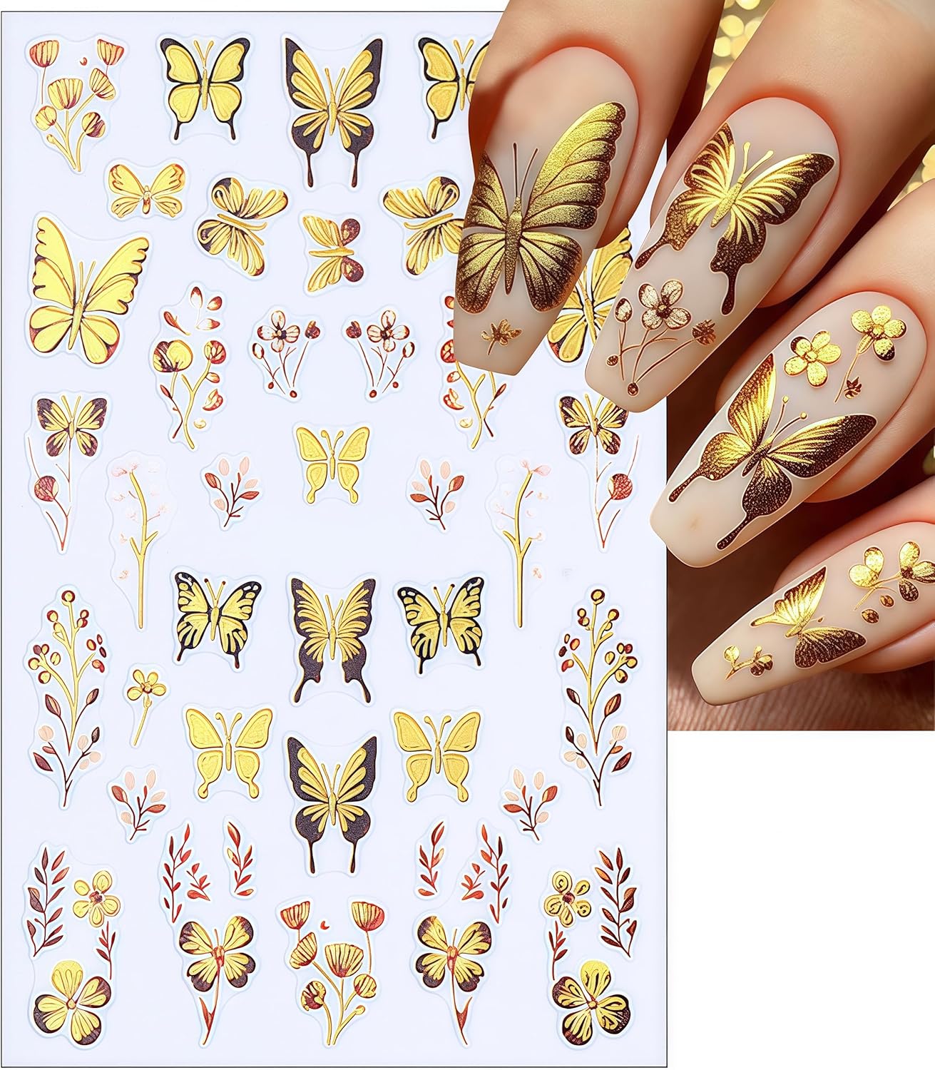 8 Sheets Gold Edge Butterfly Nail Stickers 3D Self Adhesive Holographic Colorful Butterfly Cherry Blossoms Decals Spring Glitter Gold Flower Design Supplies for Women Girls Manicure Decoration