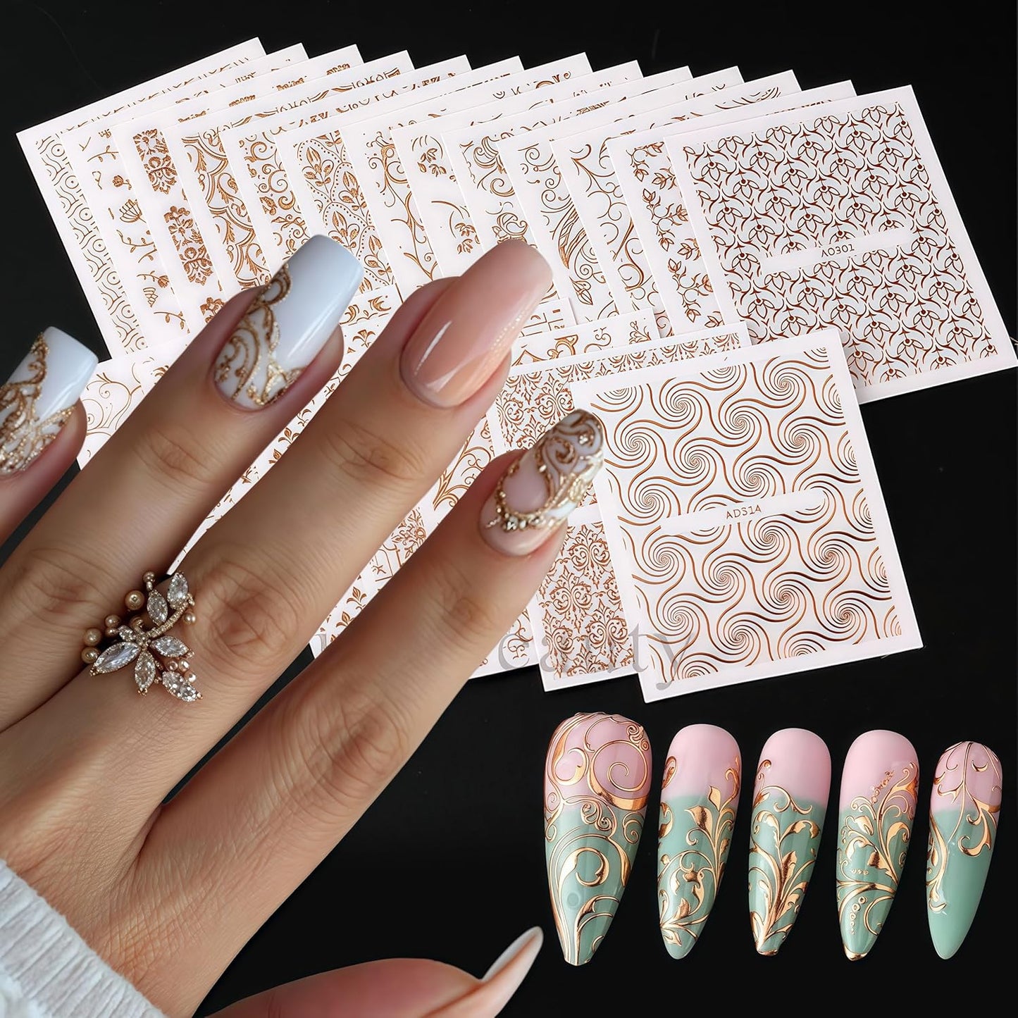 30 Sheets Lace Flower Nail Art Sticker 3D Self-Adhesive Hollow Rose Golden Lace Floral Vine Decals Irregular Geometric Manicure Sliders for Spring Summer Women Acrylic Nail Decorations