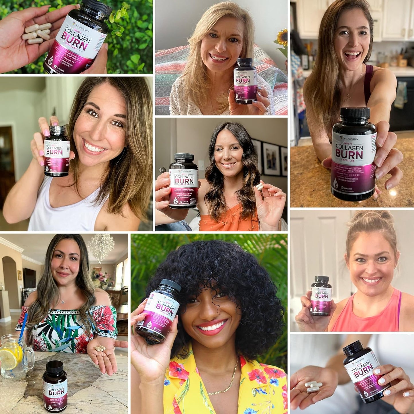 Multi Collagen Burn: Multi-Type Hydrolyzed Protein Peptides with Hyaluronic Acid, Vitamin C, SOD B Dimpless, Types I, II, III, V and X, Caffeine-Free (Unflavored Capsules)