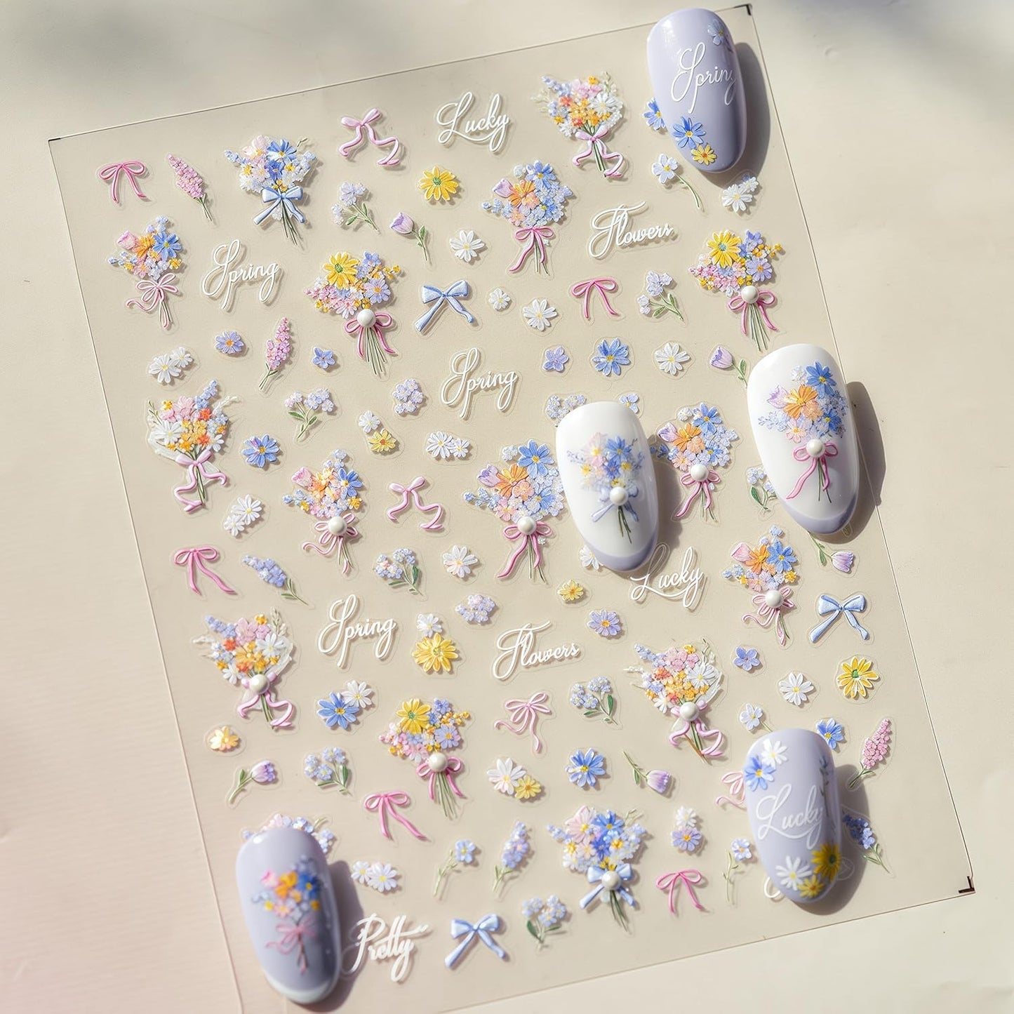 Spring Flowers Nail Stickers 5D Self-Adhesive Embossed Ribbon Bow Floral Pearl Rhinestones Design Decals Spring Romantic Flowers Nail Art Charms for Women DIY Decorations Exquisite Cardboard 1Sheets