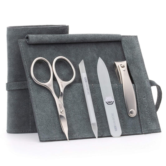 GERMANIKURE 4pc Mini Professional Manicure Set in Suede Case - FINOX Stainless Steel Tools Made in Solingen Germany, Glass Nail Care Supplies Made in Czech Republic