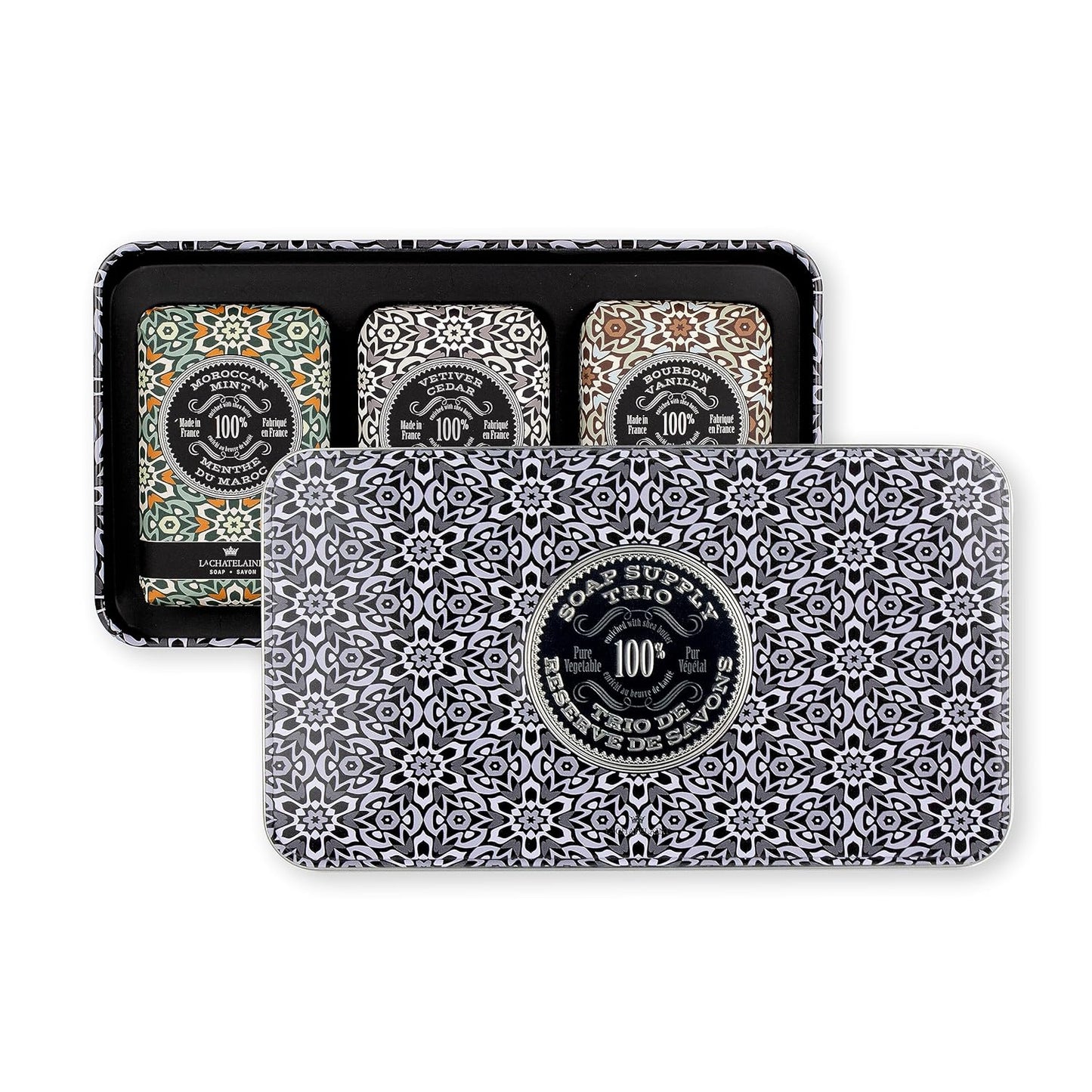 La Chatelaine Luxury Bar Soap Trio Gift Set Tin | Made in France | Natural and Organic | Shea Butter Formula | 3 x 8.8 oz / 250g - Gray Mosaic Soap Trio (Moroccan Mint, Vetiver Cedar, Bourbon Vanilla)