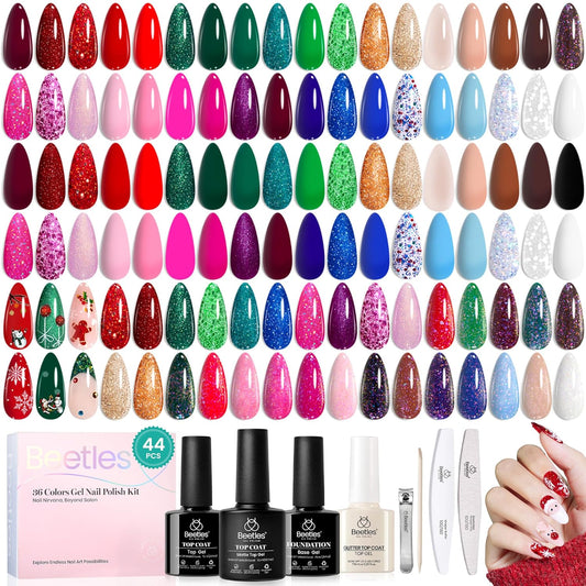 Beetles Christmas Gel Nail Polish Set, Glitz Galaxy Gel Polish Kits, 44Pcs Burgundy Red Gold Green Silver Blue Pink Sparkle Shade with Base Top Coat Winter Manicure Gift for Women