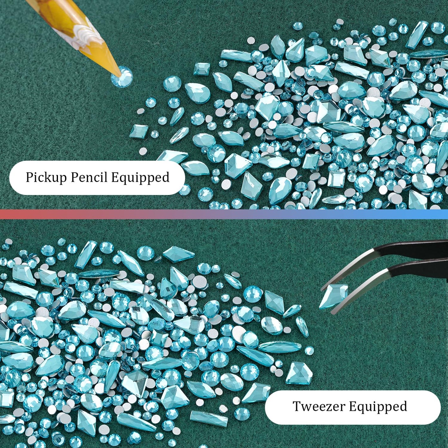 Multi Shapes Lake Blue 3D Glass Crystal Nail Art Rhinestones Kit with Flatback Round Bead Charm Gem Stone Jewelry Diamond with Pickup Pen + Tweezer for Manicure Makeup DIY Craft Decoration