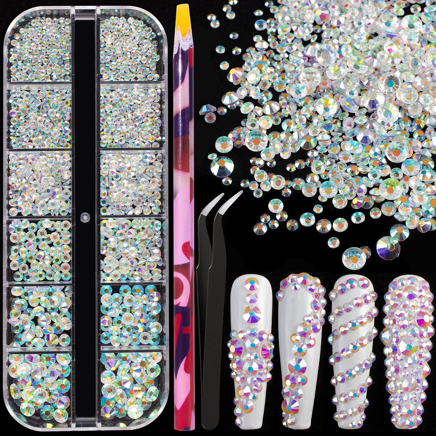 6 Sizes Transparent AB Glass Crystal Kit with Pickup Pen + Tweezer Tools for Iridescent Shine Nail Art Manicure Makeup DIY Decoration Flatback Round Rhinestone Gem Jewelry Diamond
