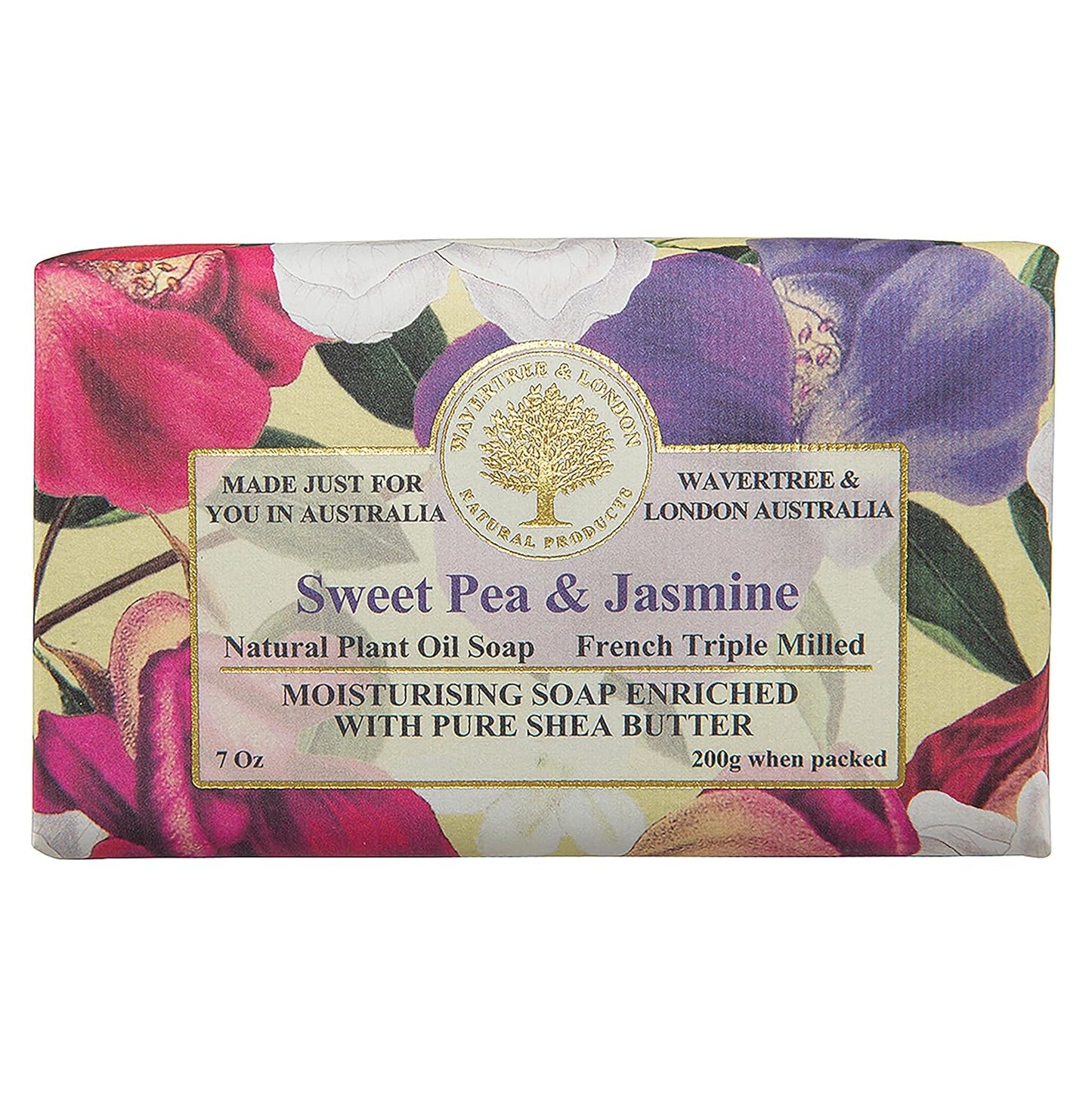 Wavertree & London Sweet Pea & Jasmine Scented Natural Soap Bar, 7oz Moisturizing French Triple Milled Soap Bar for Women & Men enriched with shea butter - Pure Bath & Body soap bar for All Skin Types
