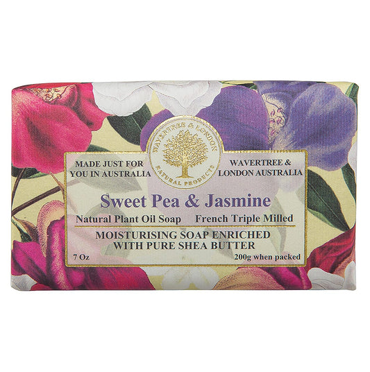 Wavertree & London Sweet Pea & Jasmine Scented Natural Soap Bar, 7oz Moisturizing French Triple Milled Soap Bar for Women & Men enriched with shea butter - Pure Bath & Body soap bar for All Skin Types