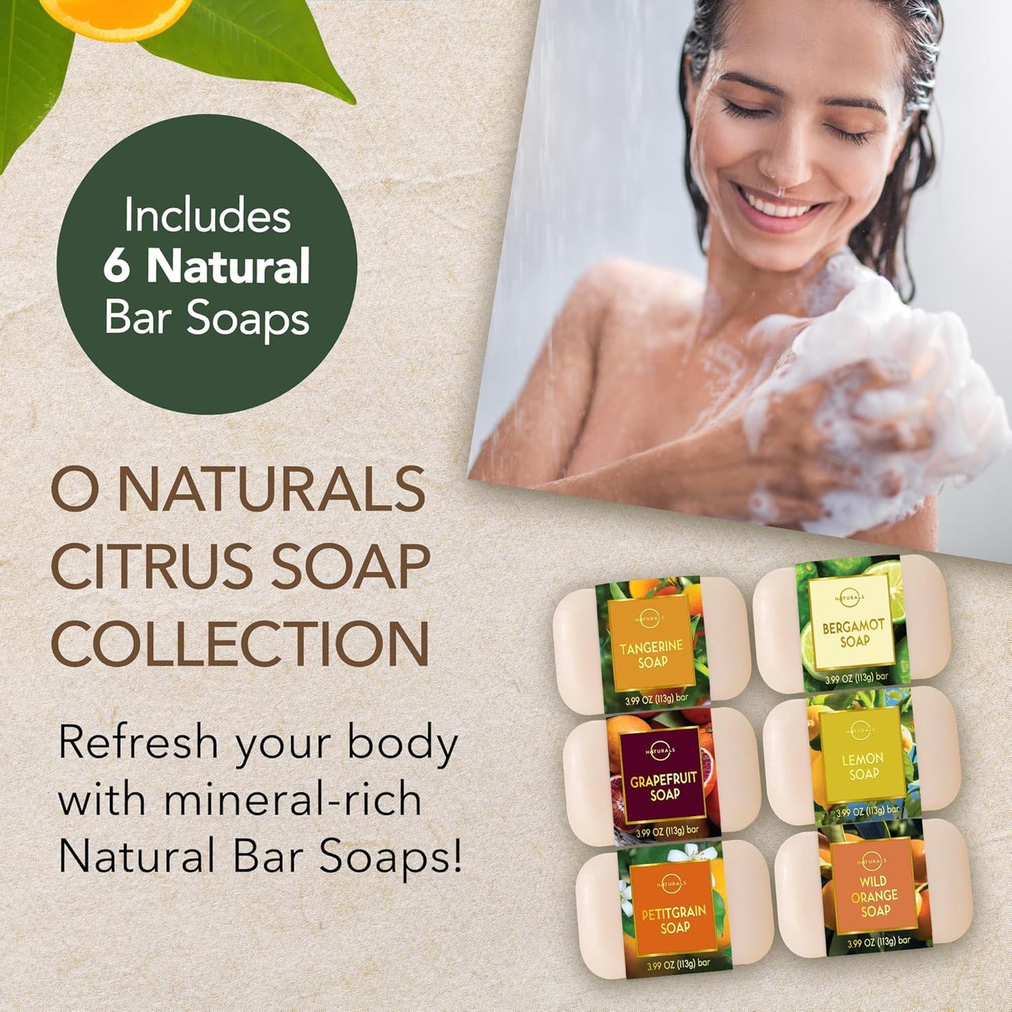 O NATURALS 100% Natural Bar Soap - Gift Set - Organic Ingredients & Essential Oils - Spa Gifts for Women & Men, Body Wash & Face Soap - 6PC Citrus Soap Collection