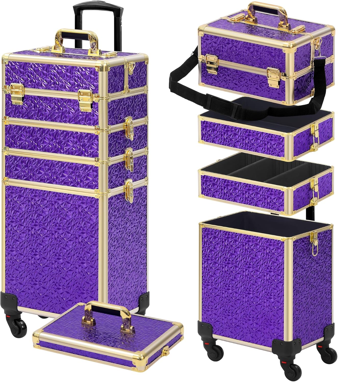 Rolling Makeup Case, Makeup Train Case with Lid, 5 in 1 Cosmetology Case on Wheels, Christmas Gift, Large Makeup Organizers, Profesional Cosmetic Case for Salon Barber, Purple Gold