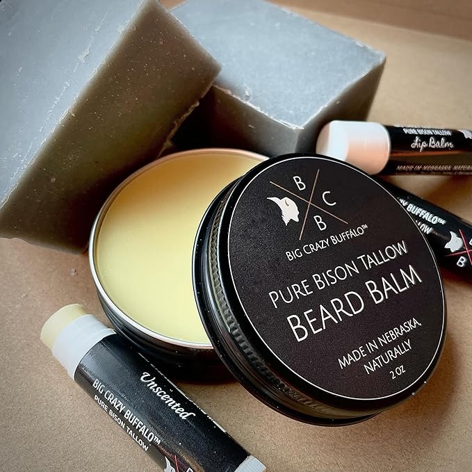 Pure Bison Tallow Beard Gift Set - Shave Bar, Beard Balm, Unscented Lip Balm - Conditions, Strengthens, Moisturizes, Soothes, Softens, Naturally Derived, No Dyes, Naturally Derived