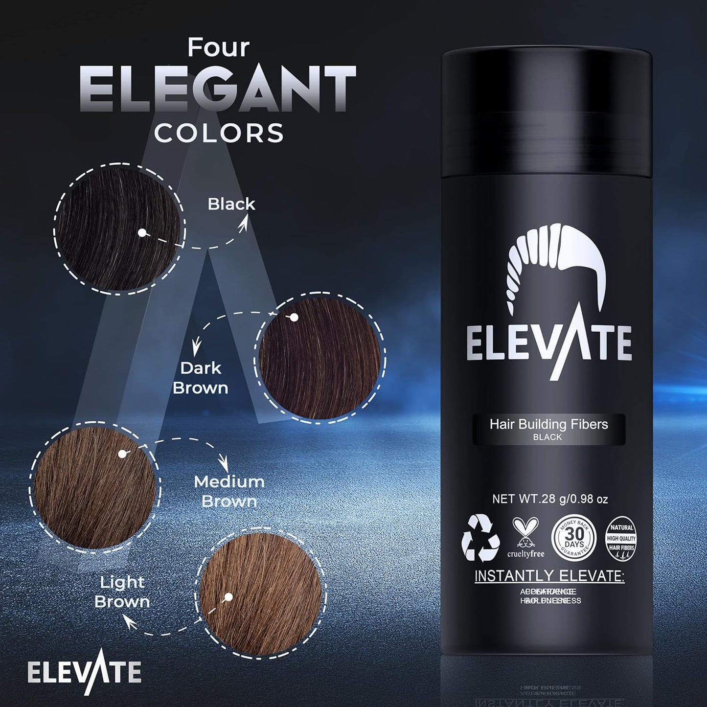ELEVATE Hair Fibers for Thinning Hair Large Size 40g Bottle - 100% Natural Undetectable Keratin Fibers to Instantly Fill in Thinning Balding Loss Area Fuller in 30 Seconds Men & Women (Black)