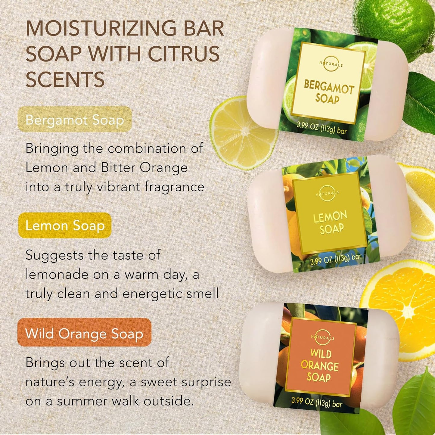O NATURALS 100% Natural Bar Soap - Gift Set - Organic Ingredients & Essential Oils - Spa Gifts for Women & Men, Body Wash & Face Soap - 6PC Citrus Soap Collection
