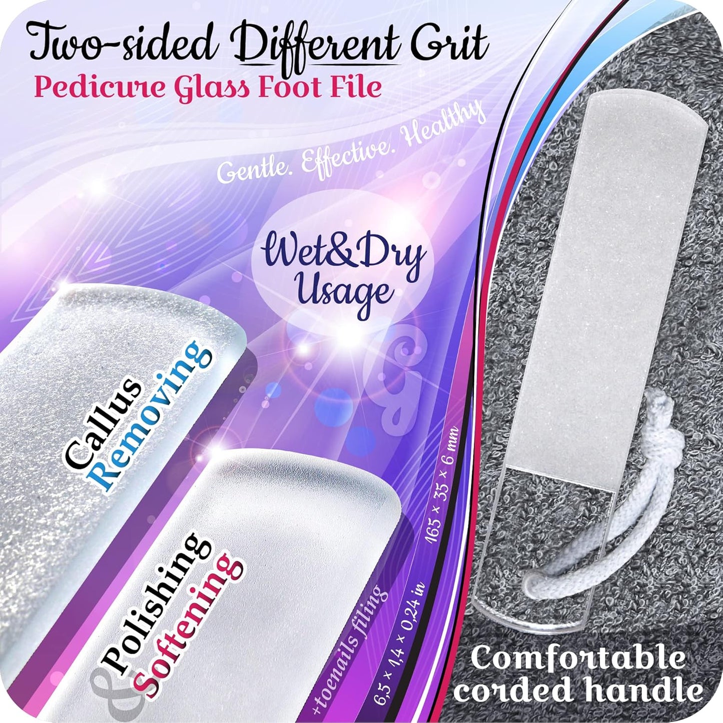 GLADZY Czech Glass Foot File Callus Remover – Double Sided Etched, Different Grit Coarse & Fine Surfaces for Hard Skin & Cracked Heels, Professional Pedicure Tool, Washable Reusable, Made in EU