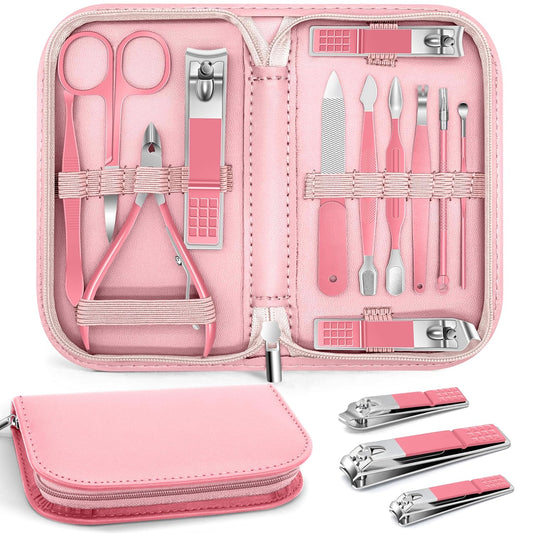BLESWIN Manicure Pedicure Set, 12 Pcs Nail Care Kit for Women, Mens Nail Grooming Kit, Manicure & Pedicure Tools & Accessories, Pink Nail Kit Manicure Set Luxury Leather Case for Home Salon Use
